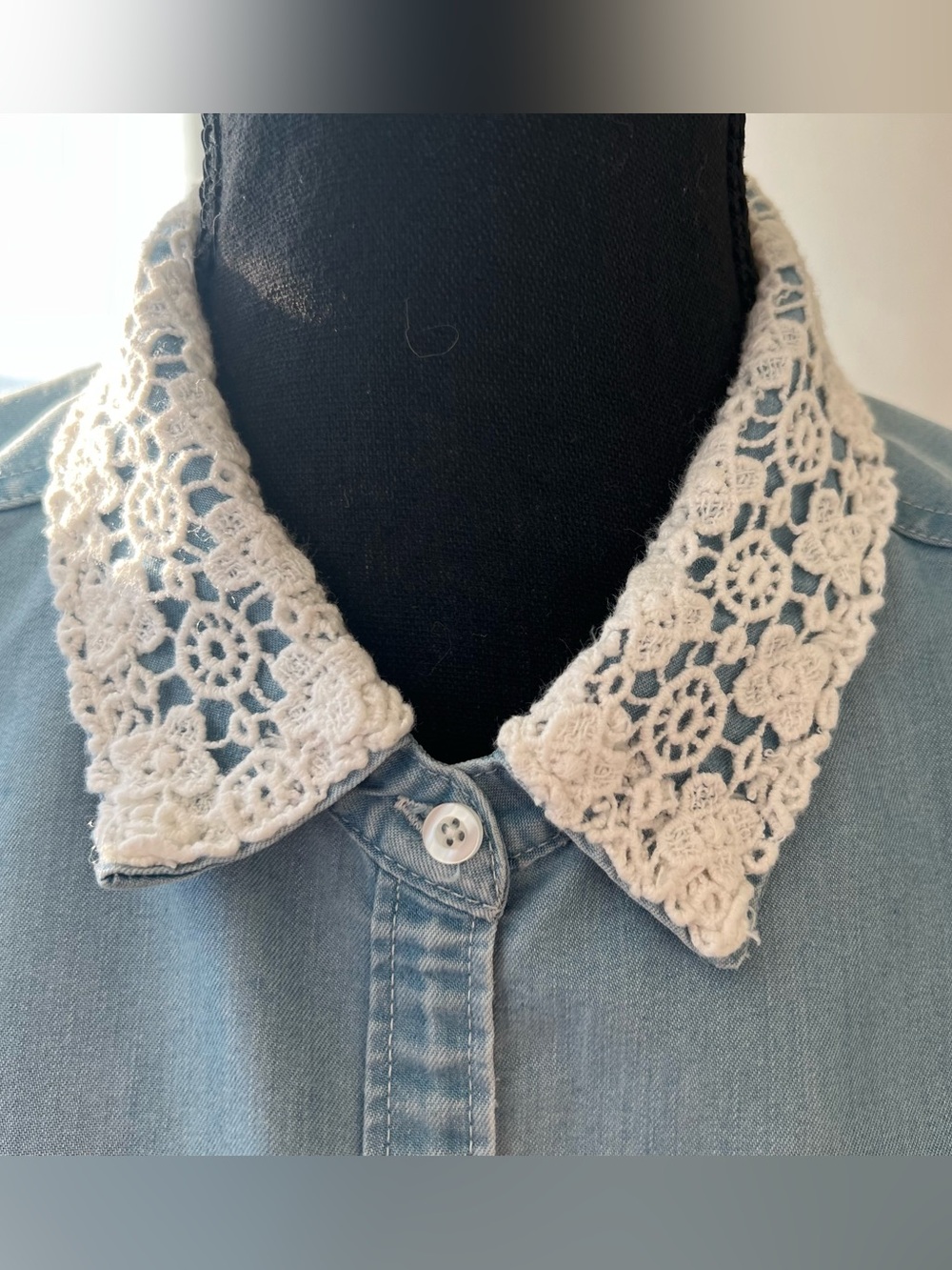 Super Cute! Sleeveless Light Blue Denim Shirt with Lace Collar - Like New